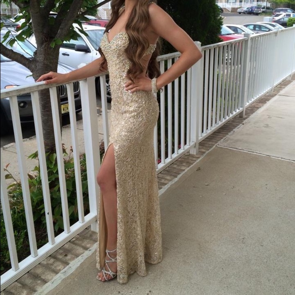 Gold beaded slit prom dress